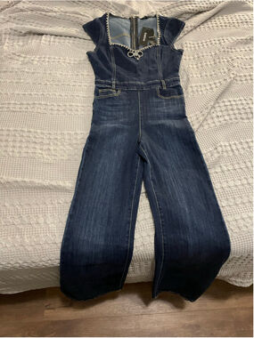 Women's Bebe Denim Jumpsuit Size 12 Blue Rhinestone Embellished Y2K bodysuit